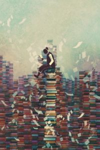 Bild: Zeichnung Mensch sitzt lesend auf Bücherstapel