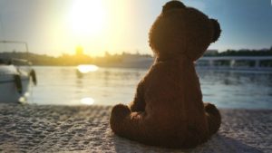 Bild: Teddybär sitzt an Wasser
