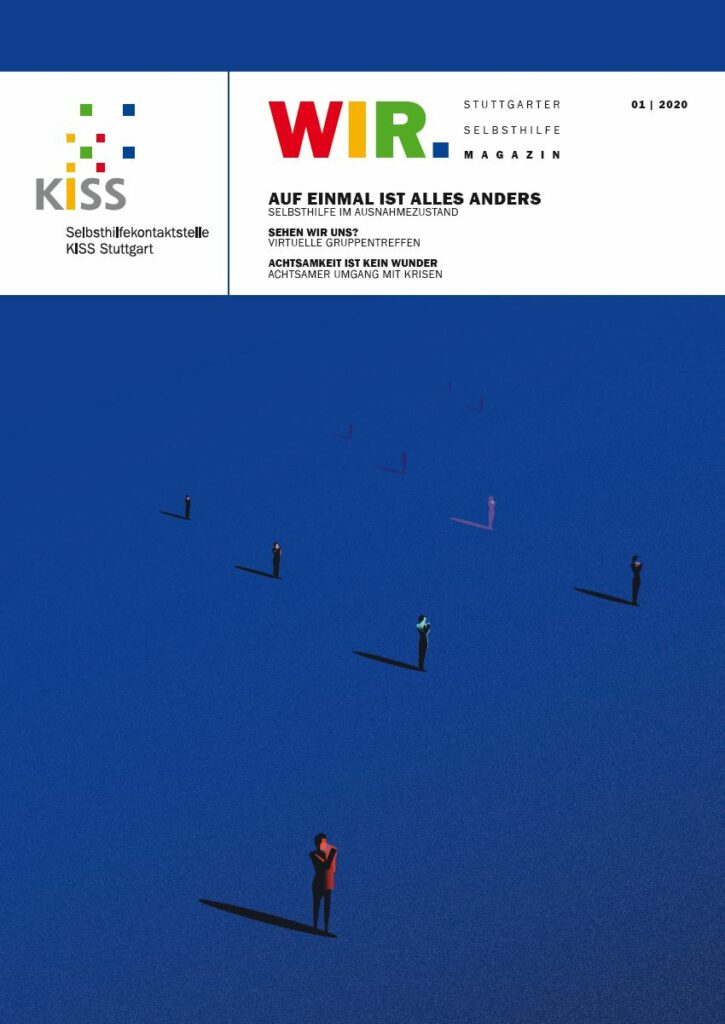 Bild: Cover WIR-Magazin, einzelne Menschen stehen weit voneinander entfernt