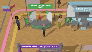 Bild: Selbsthilfewoche als grafische Darstellung mit Menschen und Infoständen in einem virtuellen Veranstaltungssaal