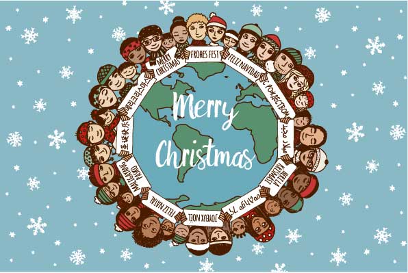 Bild: Weltkugel, um die Weltkugel herum, verschiedene Menschen mit "Frohe Weihnachten" in verschiednenen Sprachen