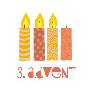 Bild: drei brennende Kerzen gezeichnet, 3. Advent