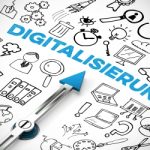 Bild: Digitalisierung Konzept mit Icons und Kompass Pfeil der auf Schriftzug zeigt