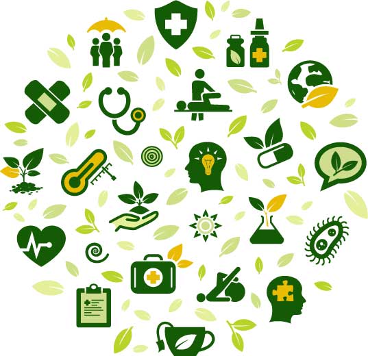 BIld: Sammelbild von verschiedenen Symbolen in grün, alternative Medizin betreffend