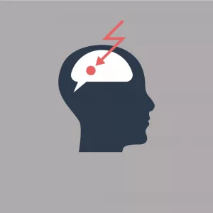 BIld: gezeichneter Kopf mit Gehirn, ein Blitz schlägt in Gehirn ein
