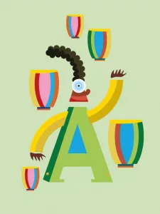 Bild: eine abstrakte Figur trommelt auf bunten Trommeln