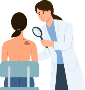 Bild: Zeichnung von Ärztin, die Muttermale bei Patientin untersucht
